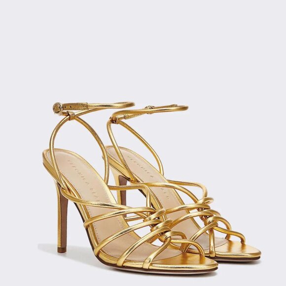 Veronica Beard Aneesha Leather Strappy Sandals Heels In Gold 8.5 Retail $395 - Picture 1 of 15